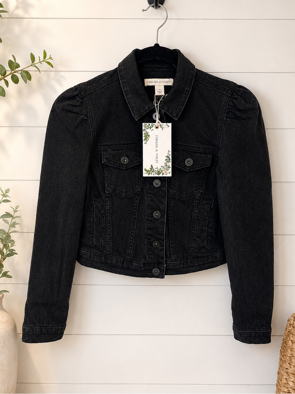 NWT Chelsea & Violet Black Puff Sleeve Cropped Denim Jacket XS